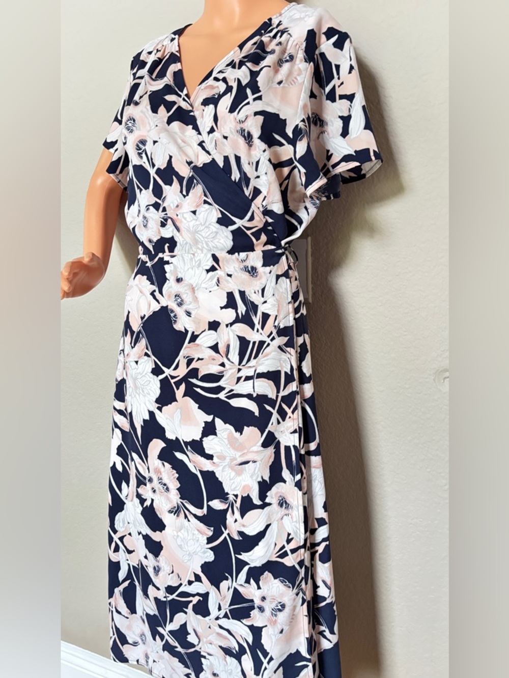 Leith Wrap Dress Womens L Floral Navy Pink Midi Lightweight Lined